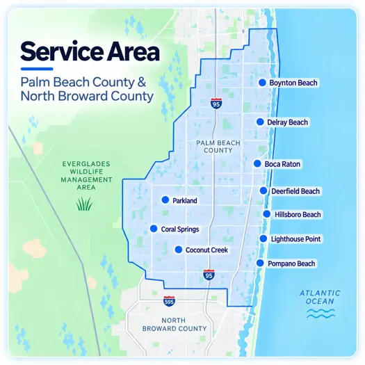 Map of Crystal Bear's service area across Palm Beach County and North Broward County