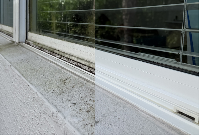 The same sliding-door track and sill, dirty before and cleaned after