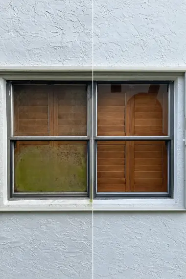 The same exterior window, hazy with algae before, clear after