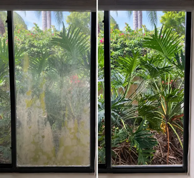 The same window pane, hazy with hard-water spotting before, clear after